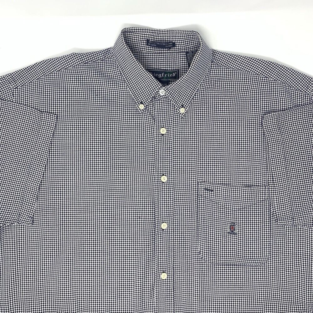 Siegfried Vintage Blue White Houndstooth Men's Short‎ Sleeve Shirt Size Large